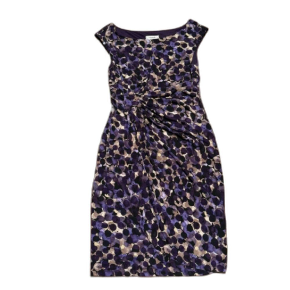 Cocktail Dress Jersey Purple Beige Tan Sz 8 Ruching Sleeveless Stretch